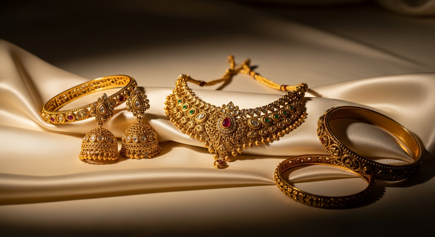 Exquisite 22K gold jewellery on cream silk